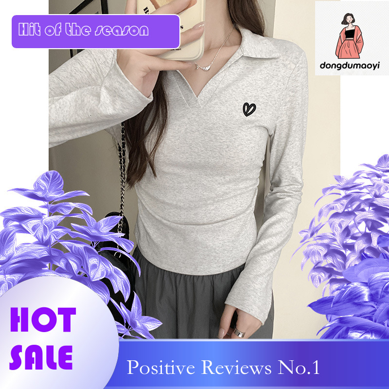 dongdumaoyi 2024 autumn polo collar shoulder long sleeved women's t-shirt pleated curved hem for slimming effect, paired with a base shirt and to