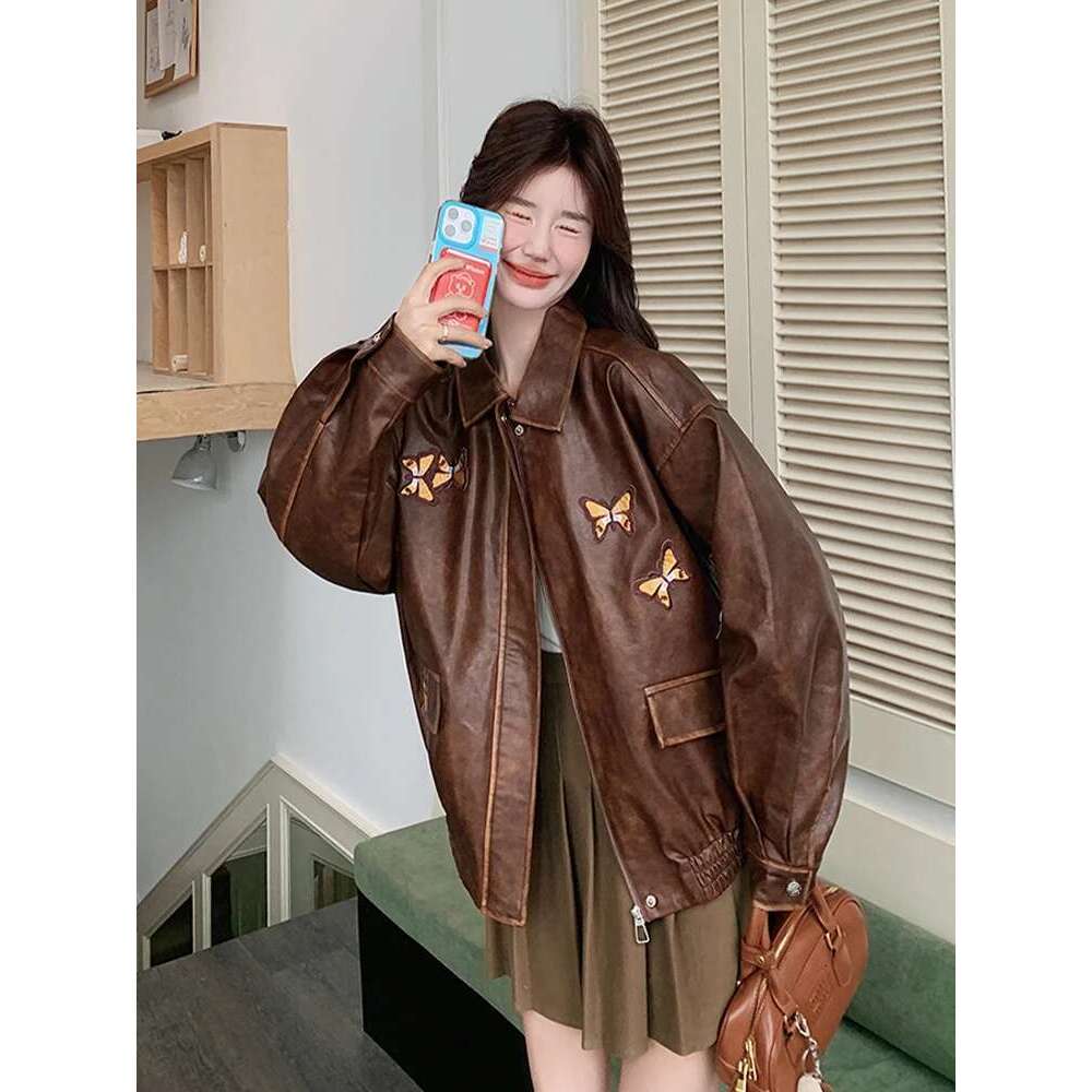 Retro Maillard Brown Jacket for Women 2025 Spring autumn New Collection Butterfly Embroidered Sweet Cool Leather Coat