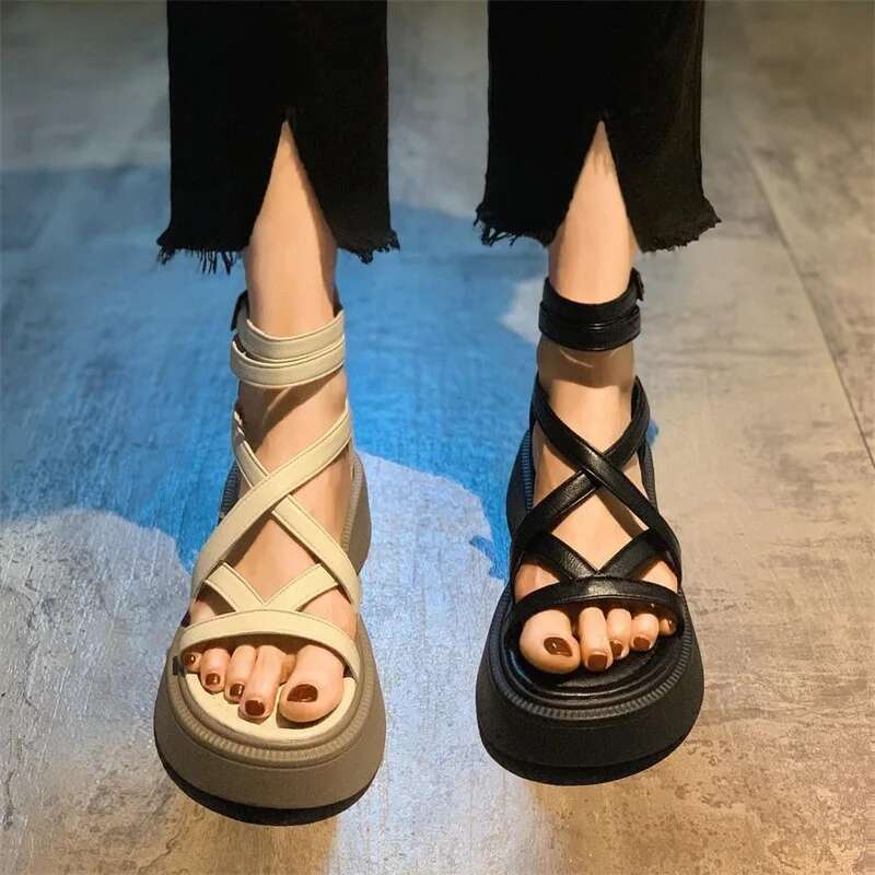 Women's Summer Chunky Platform Fashion Cross Strap Gladiator Shoes Woman Thick Bottom Wedge Heel Sandals for Women