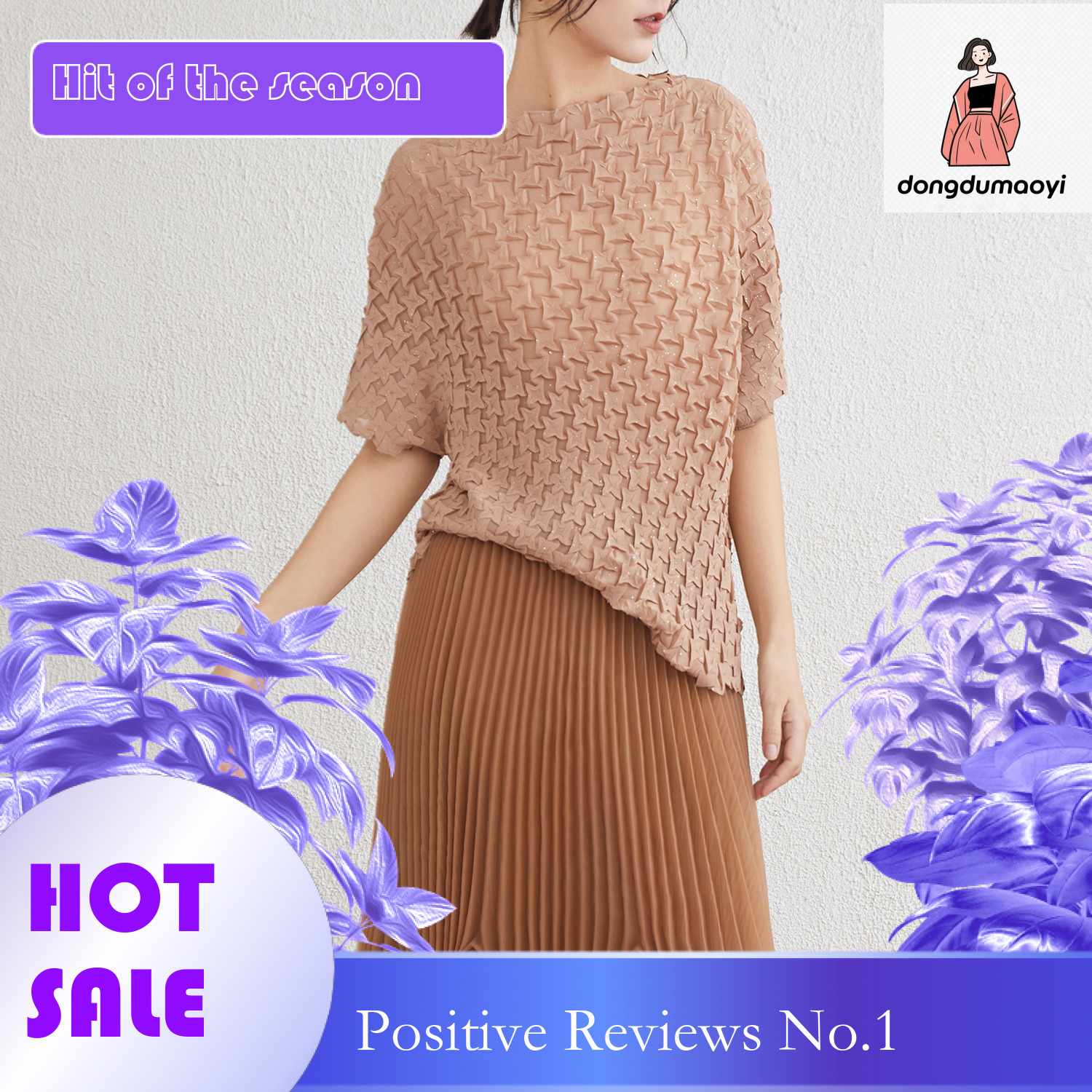 dongdumaoyi Chiffon handmade hot stamping T-shirt 2025 new three house style three-dimensional pleated top heavy texture sunscreen shirt