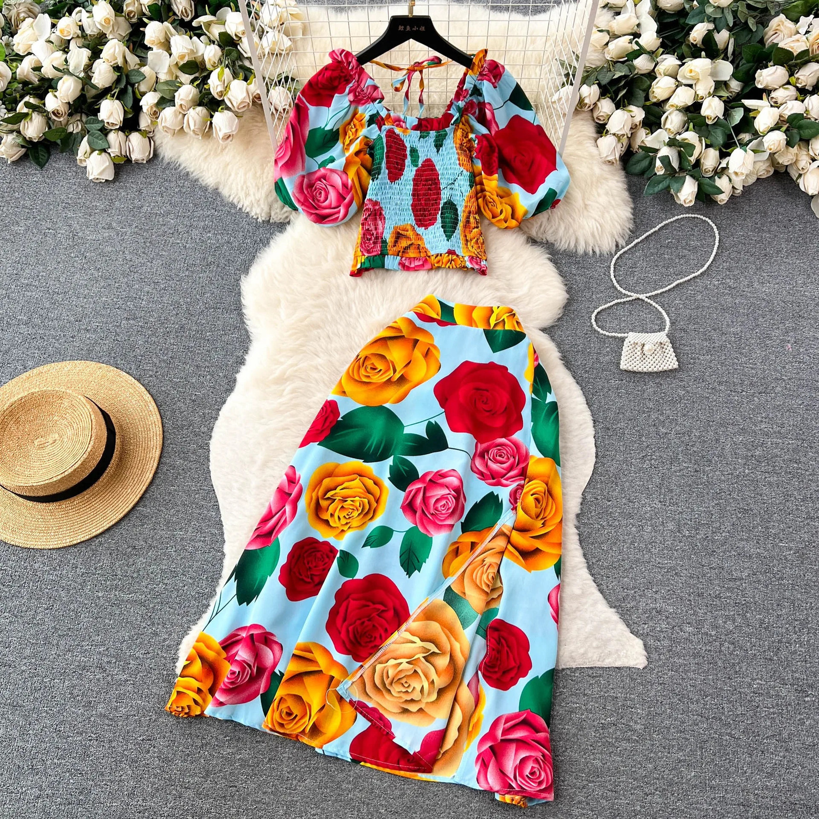 YuooMuoo Women Dress Set Summer Y2K Fashion Print Flowers Crop Tops Long Aline Skirts Lady Vacation Beach Two Piece Suits 250514