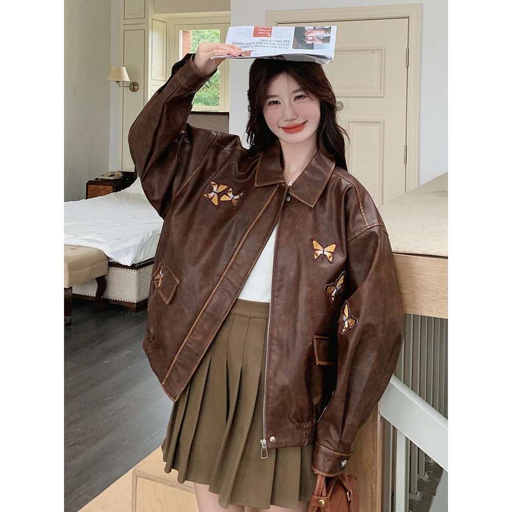 Retro Maillard Brown Jacket for Women 2025 Spring autumn New Collection Butterfly Embroidered Sweet Cool Leather Coat
