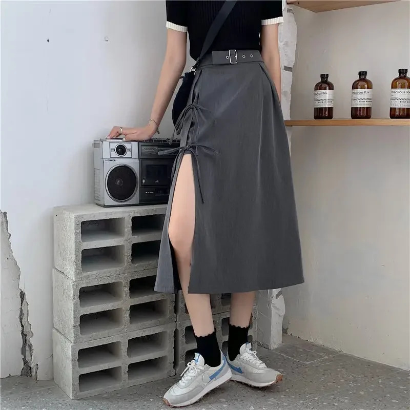 Vintage Dark Gothic High Split MidCalf Skirts Women Elegant Fashion Party Club Waist Femme Bottom Streetwear Goth Skirt 250514
