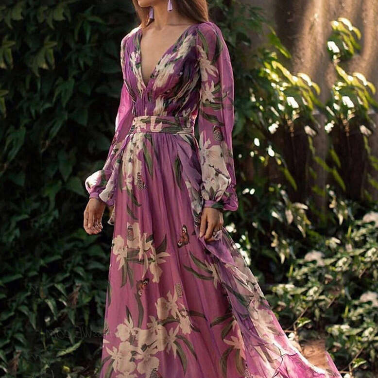 2025 Summer New Printed Women's V-neck Sleeve Wind Fairy Big Swing Long Dress