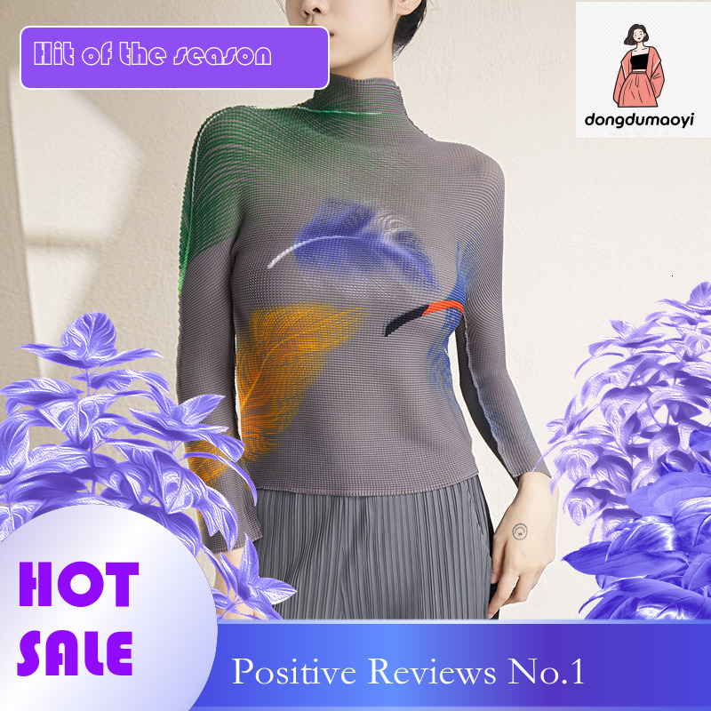 dongdumaoyi Wrinkled long sleeved t-shirt for women, 2023 autumn three bedroom new style, semi high neck, elastic slim fit printed bottom shirt top
