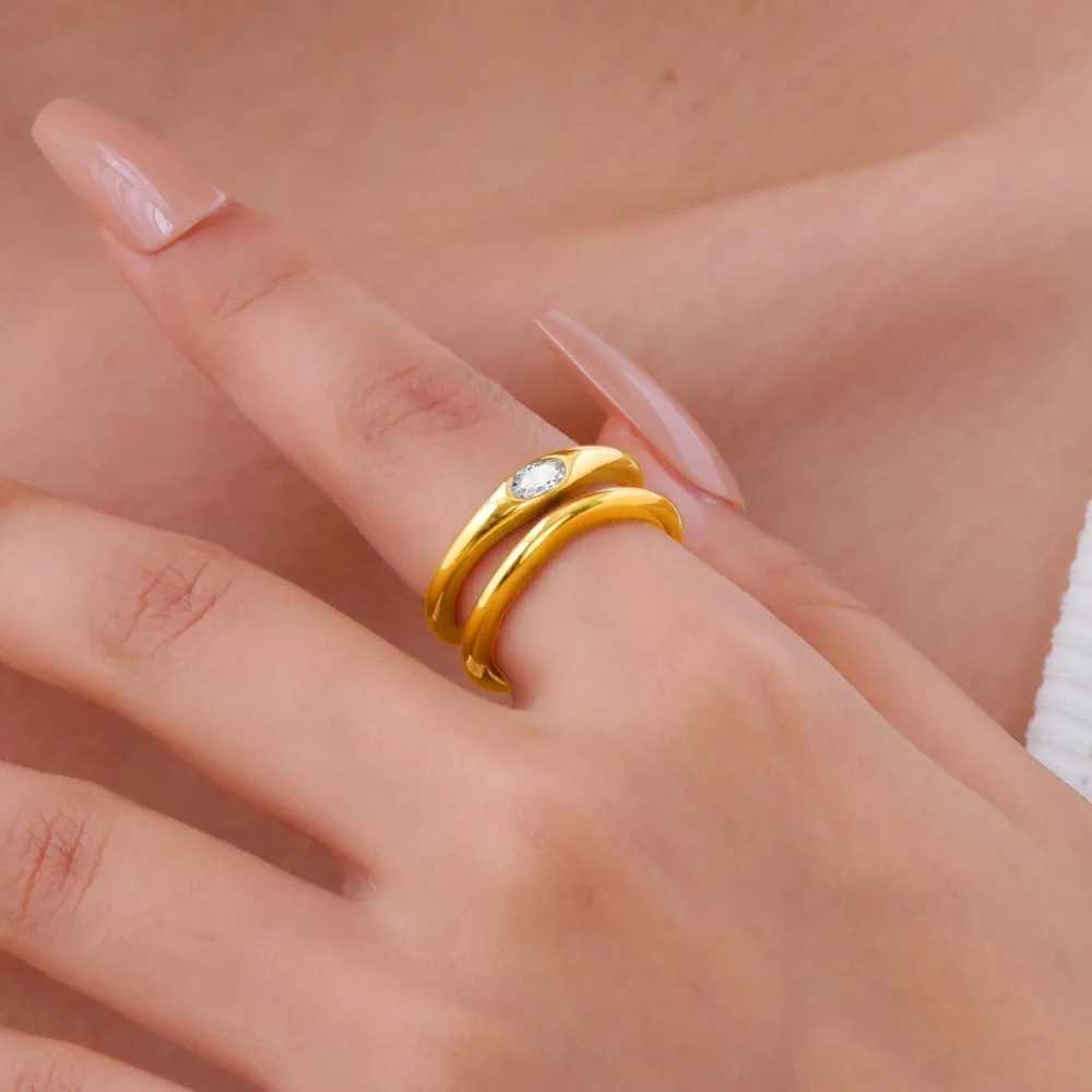 Tigrade New Double Layer Zircon Rings For Women Geometric Stainl Steel Open Finger Ring Wedding Jewelry Gift Womens RingsXJ250514