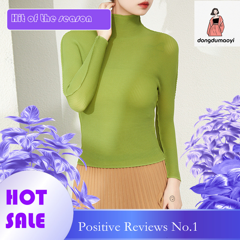dongdumaoyi Miyake seamless integrated semi base shirt pleated high neck temperament, slim fit and slimming long sleeved T-shirt for women, thin versi