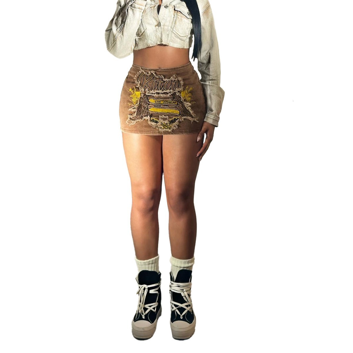 HR88015 Fashion Womens Clothing Patch Embroidered Zipper Skirt Short Skirt