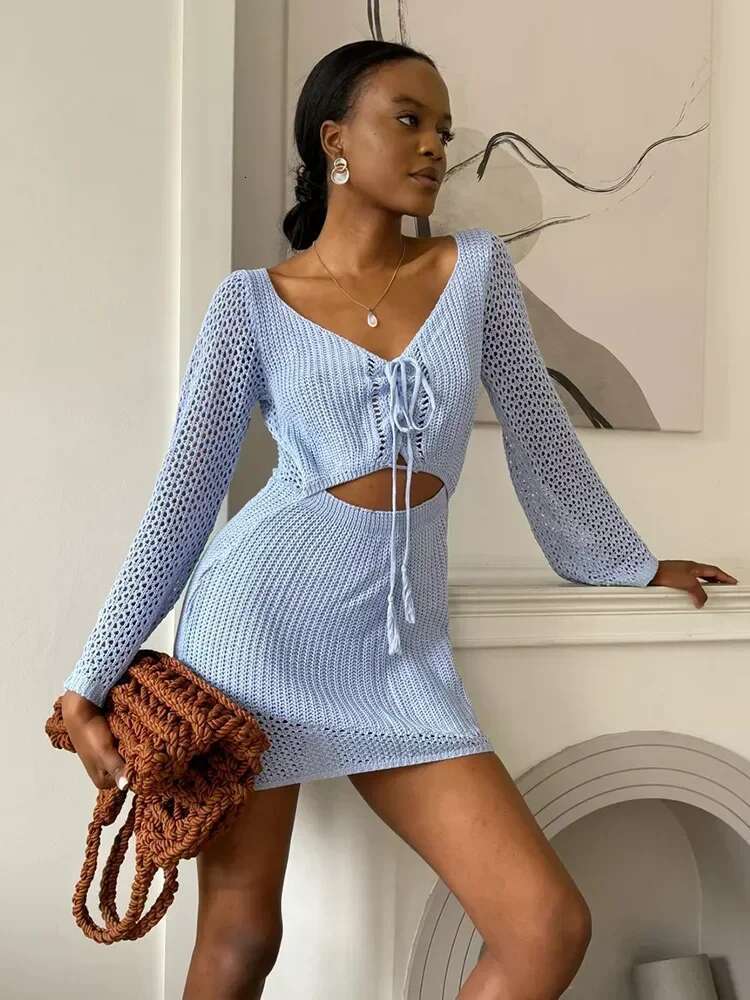 2024 Women Solid Knitted Cut Out Swimwear Cover Up Sexy V-Neck Lace-Up Bell Sleeve Beach Mini Dress Summer Holiday Outfits A3096