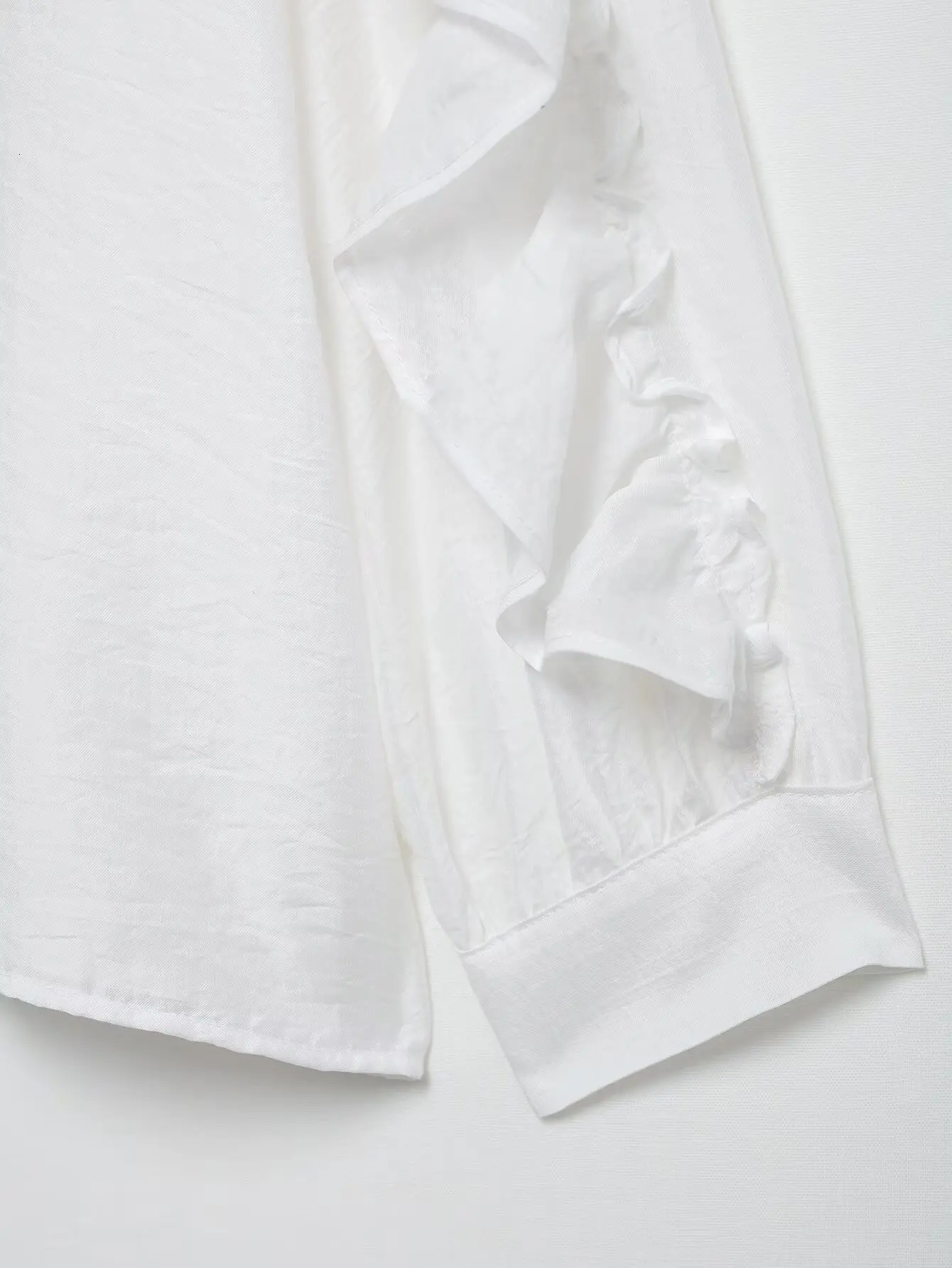 PB ZA Womens Longsleeved Blouse Vneck with Ruffled Decorations on Front and Sleeves for a Chic Look 250514