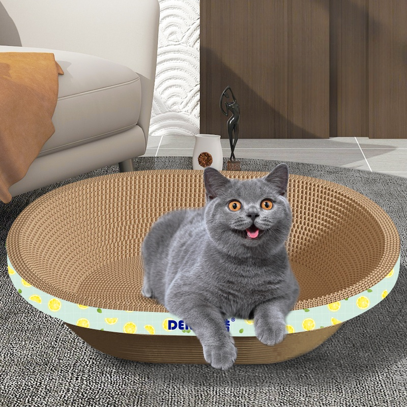 Large Corrugated Cardboard Cat Bed & Scratcher, 2-in-1 Oval Cat Cave for 15lbs Cats, Eco-Friendly Furniture Saver