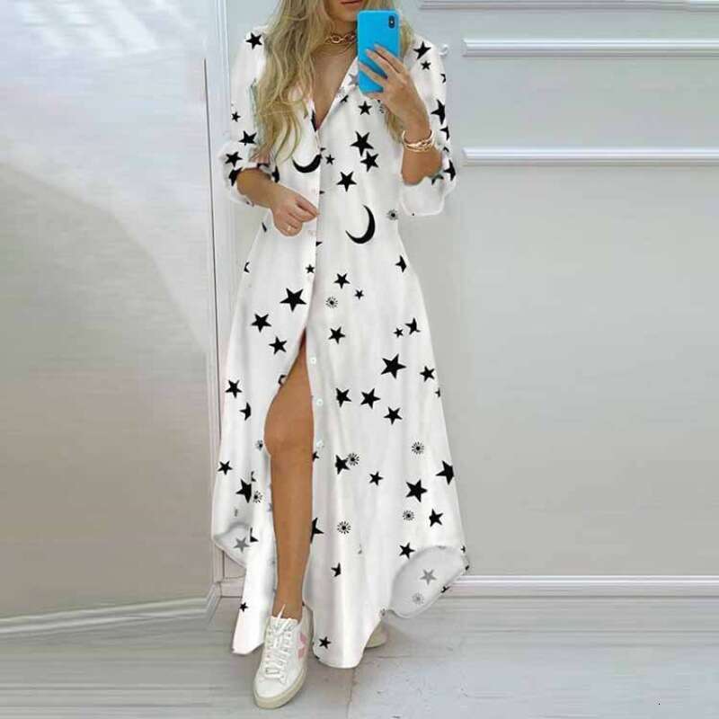 Women Clothes Dress Spring Women S Style Printed Single Breasted Split Shirt Long Dress KQ