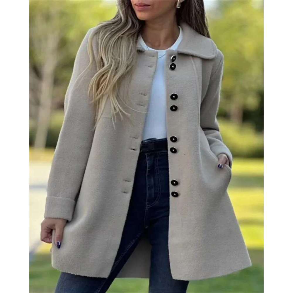 Plus-size fashion autumn and winter casual plain button lapel long-sleeved jacket women's apparel