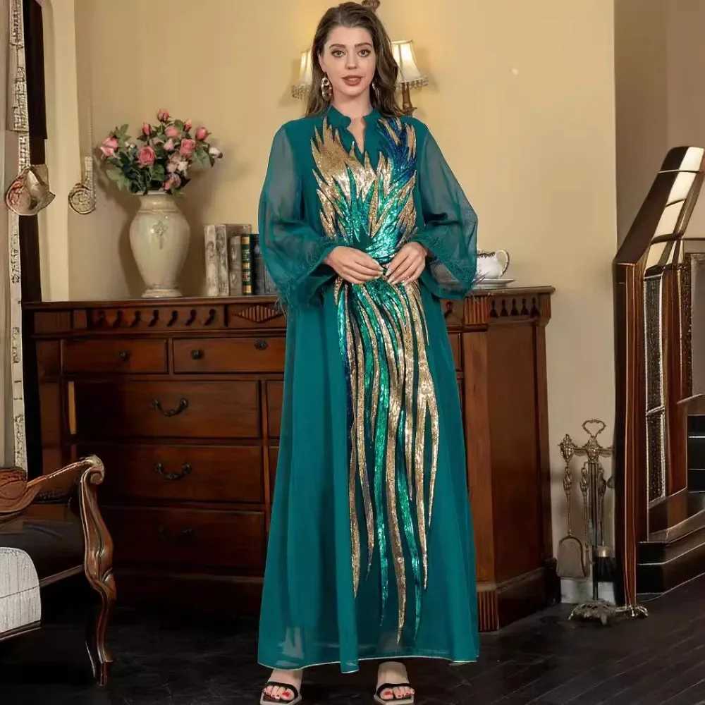 Muslim Womens Robe V-neck Long-slved Dark Grn Robe Fashionable Camel Hair Shiny Comfortable And Casual Elegant Dress X250514