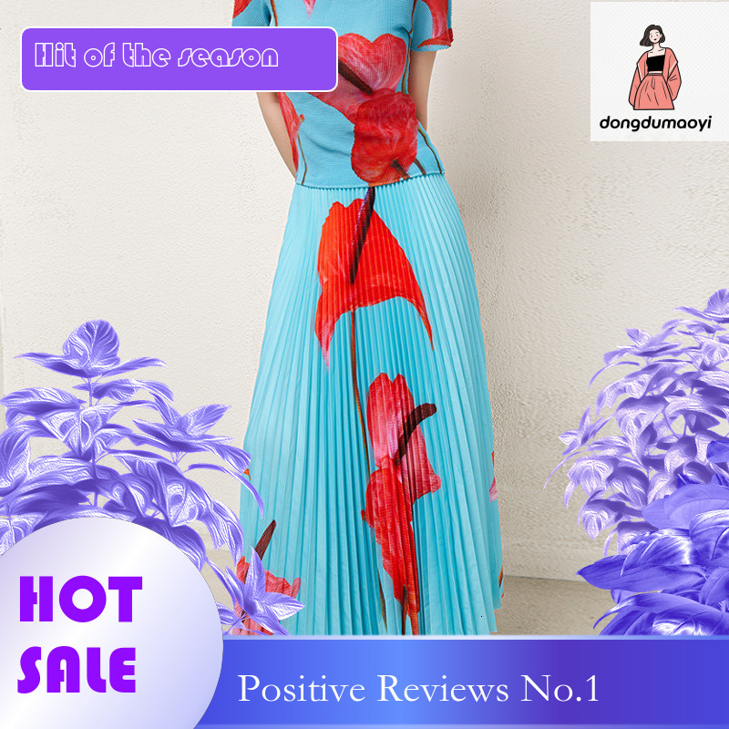 dongdumaoyi Miyake skirt design, niche texture, t-shirt, plant flower mid length skirt, two-piece set, women's clothing