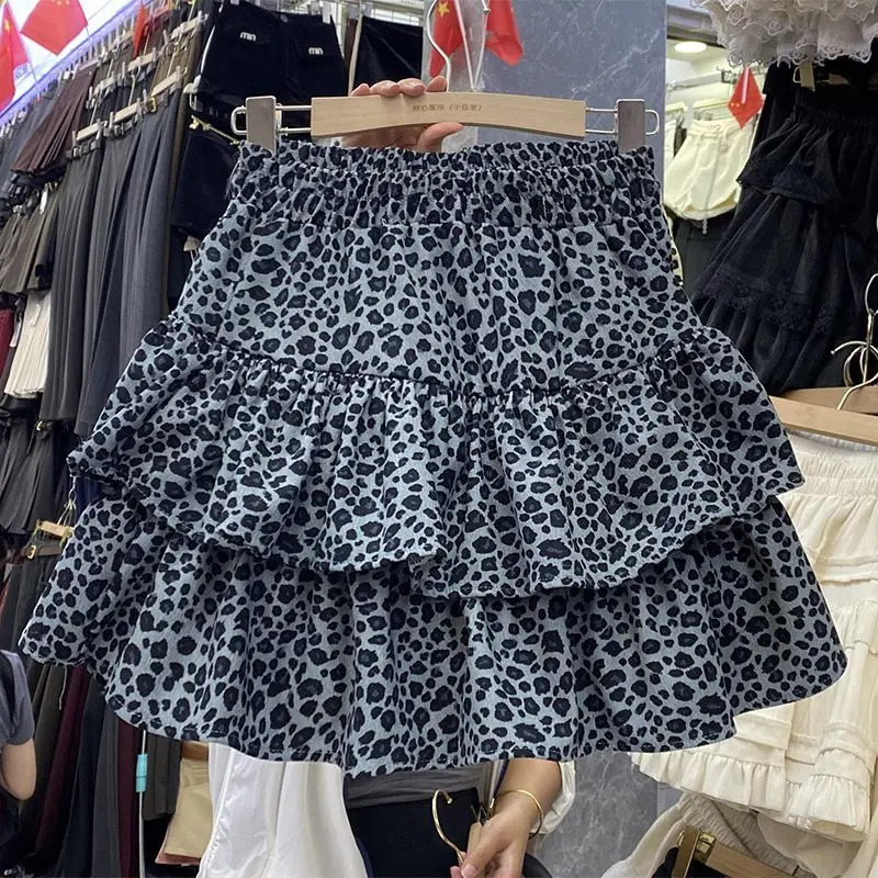 Womens Vintage Leopard Short Skirt sweet Girls Tiered Elastic Waist Pleated Mini Chic Retro Ladys ALine 250514