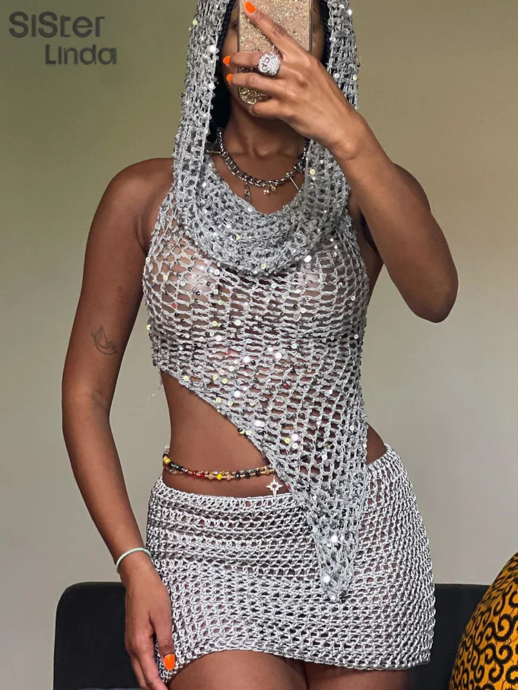 Sisterlinda Sequins Hooded Women 2piece Set Sleeveless Asymmetrical Bandage Backless Tank TopsPeach Hip Skirt Midnight Clubwear 250513