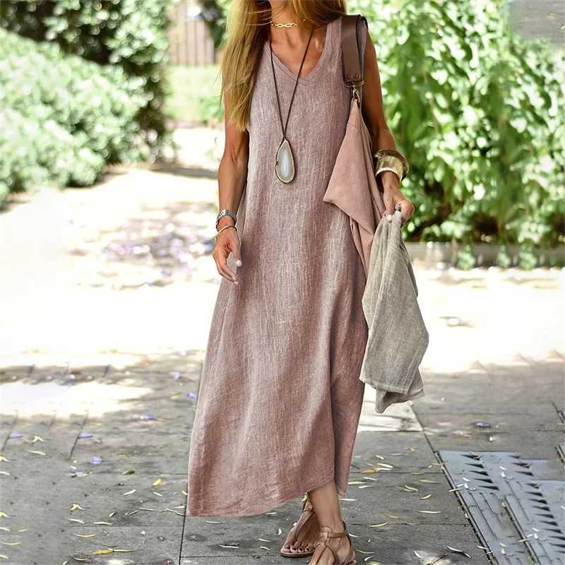 Women New Cotton Linen Solid Color Dresses Summer Sleeveless V Neck Pullover Dress Female Commuter Casual Comfortable Long GownXJ250514
