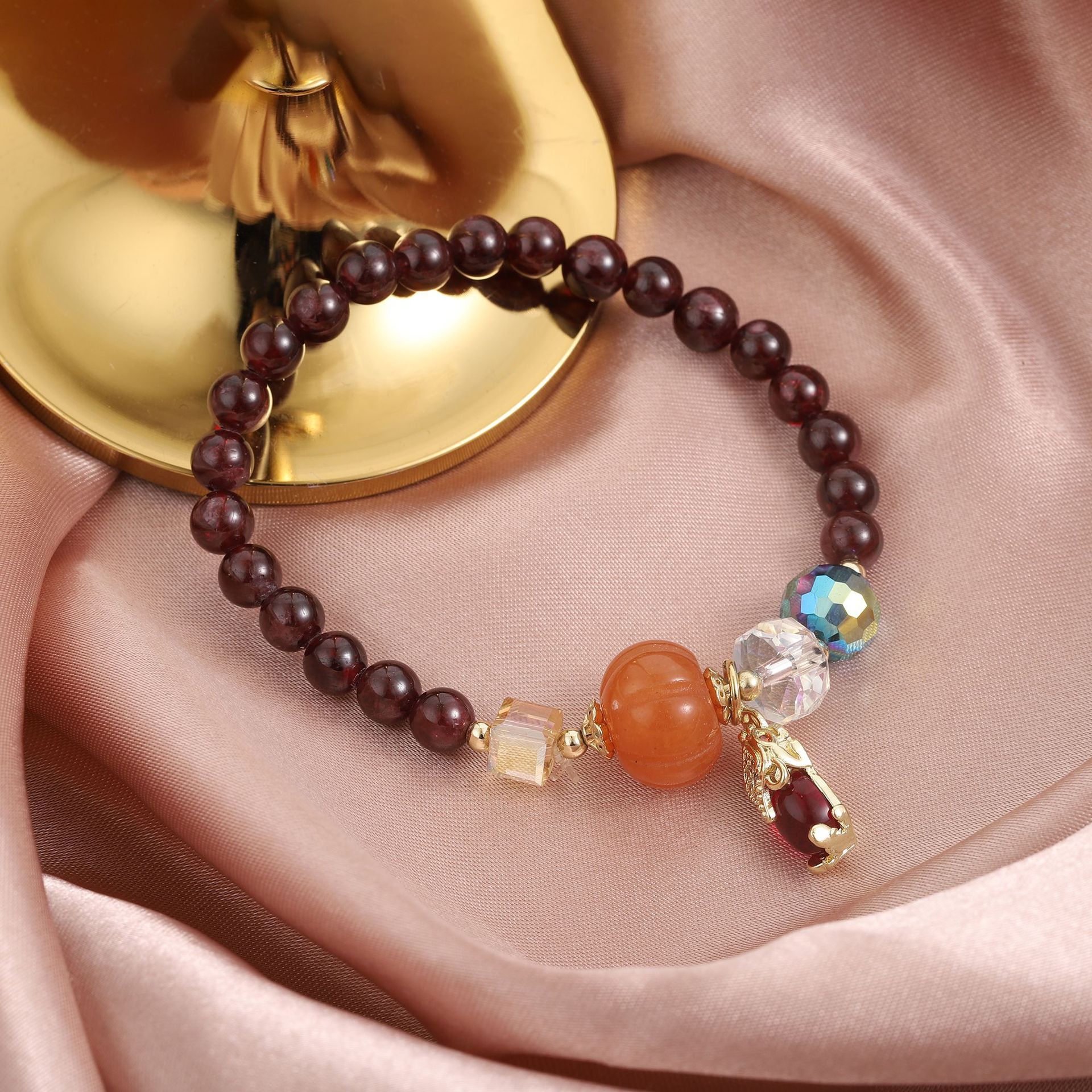 Straight Color Garnet Pumpkin Jade Marrow Women's Clear New Beaded Bracelet Cute Pixiu Crystal Pendant