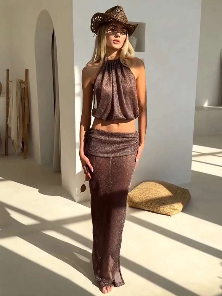 Sexy Knit Sets Backless Wrap Lace-Up Top Chic Beach Half Skirt Two-Piece Swimsuit Cover Up 2025 Summer Women's Party Outfit K167
