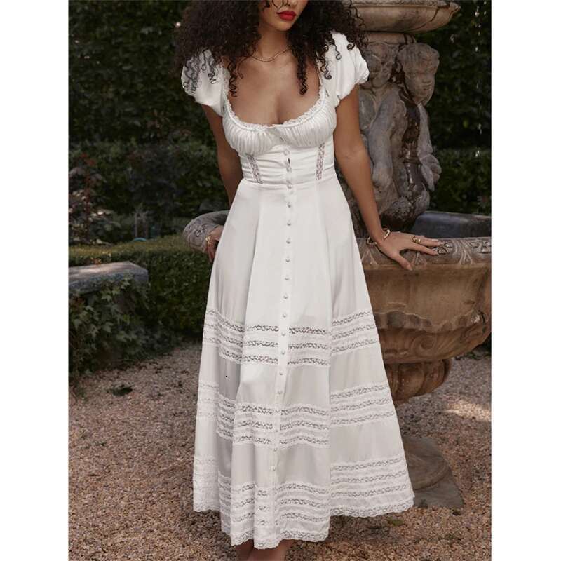 Women Long White Elegant Short Sleeve Square Neck See-through Patchwork Swing Summer Casual Dress