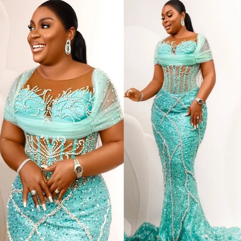 Sky Blue Mermaid Plus Size Prom Dresses 2025 Crystals Beaded Sequined Evening Formal Party Second Birthday Engagement Gowns Dress For Special Occasion