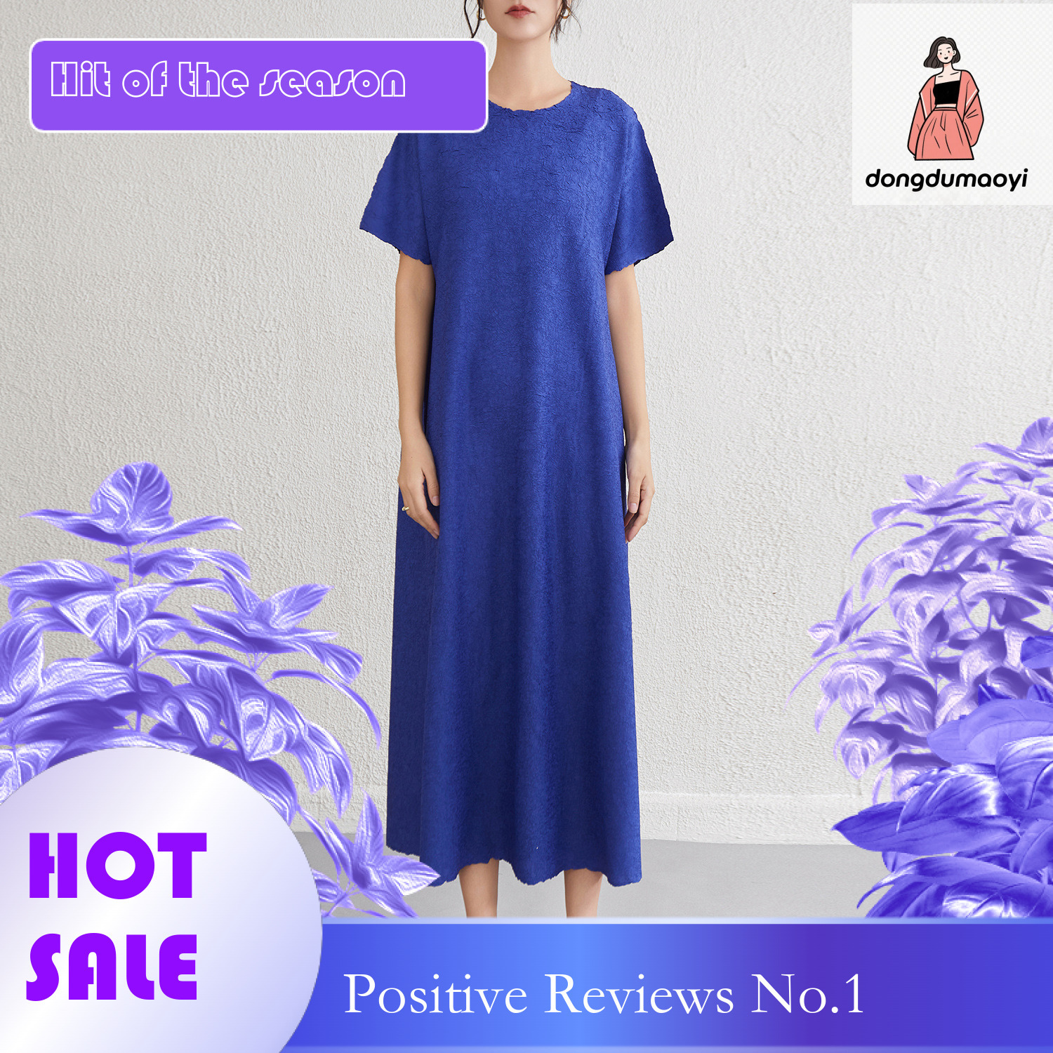 dongdumaoyi Miyake round neck plus size short sleeved A line long for women in summer wearing it outside looking fat and slim simple dress solid color