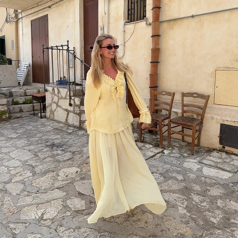Age Reduction Light Yellow V Neck Long Sleeves Stacked Shirt High Waist Long Skirt Women Suit Set ZATAF 2025 Spring 250513