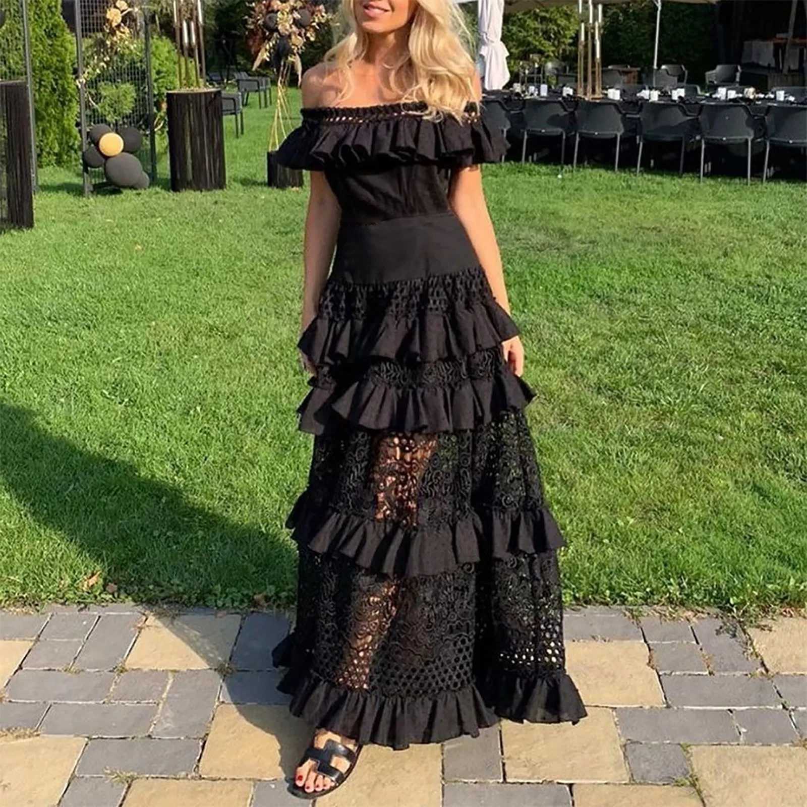 Elegant Off Shoulder Solid Ruffle Long Evening Dress Summer Fashion Sleeveless Swing Dress Classic Lace Hollow Party Sexy DressXJ250514