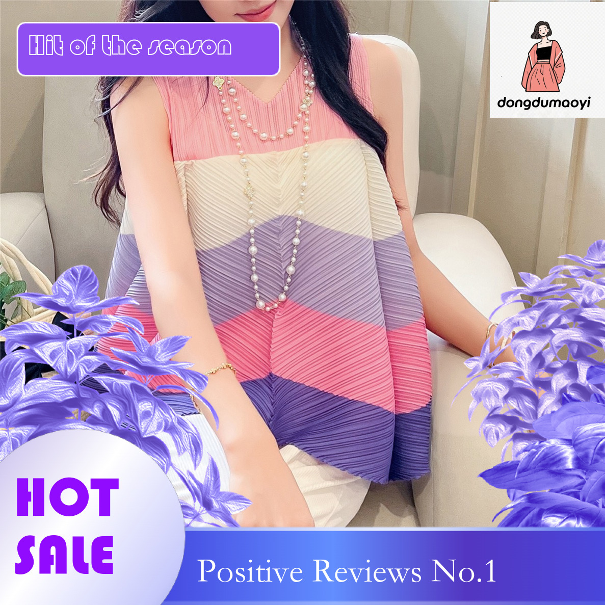 dongdumaoyi Folded mini top, summer new style, Miyake design, contrasting colors, flower buds, sleeveless t-shirt, ins trendy