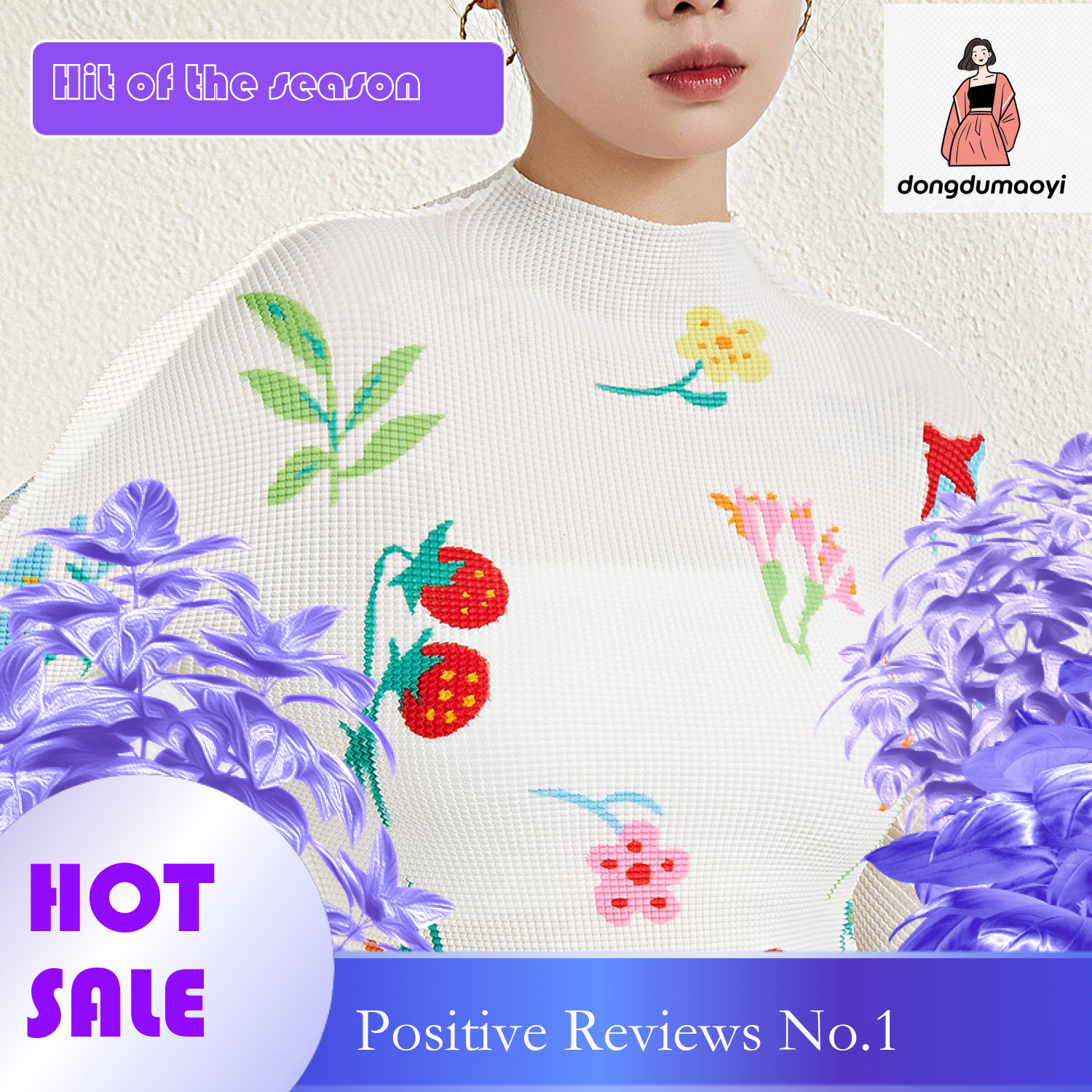 dongdumaoyi Miyake printed top long sleeved women's spring pleated new style semi high neck fashionable temperament slim fit base T-shirt