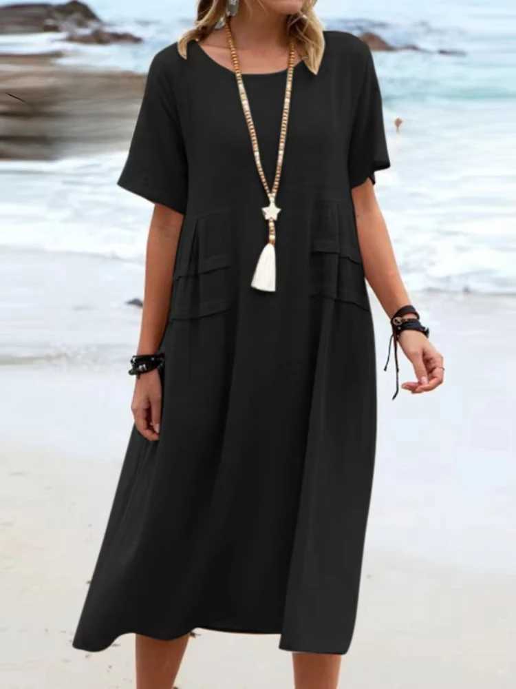 2025 Summer Fashion New Womens Elegant Long Cotton and Hemp Dress Round Neck Vacation Short Sleeve Medium Long DressXJ250514
