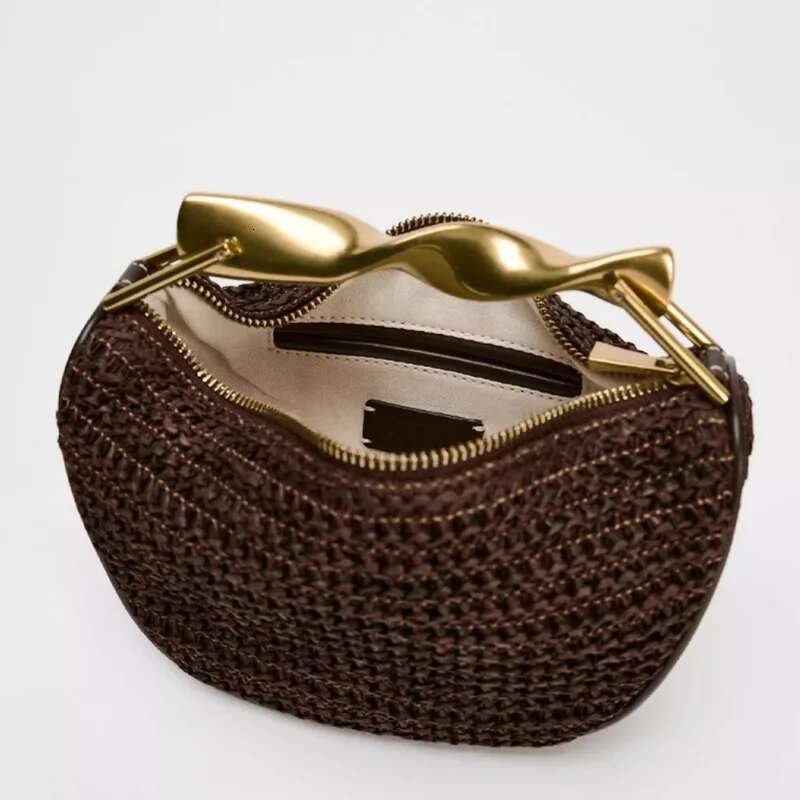 Summer Rattan Woven Crossbody Shoulder Bag,Half-Moon Beach Tote Bag,Women Designer Purse,Casual Metal Handle Straw Handbag
