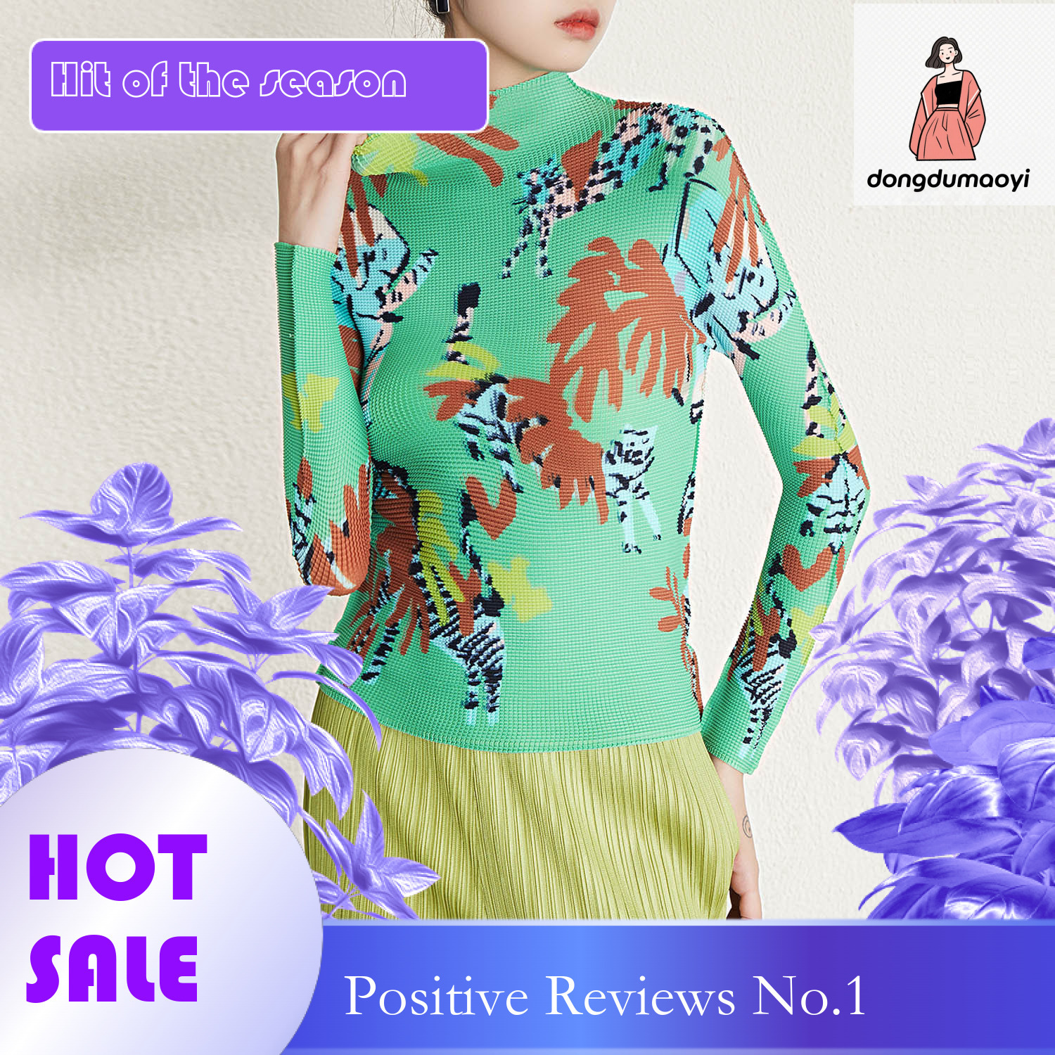 dongdumaoyi Wrinkled semi high neck long sleeved top for spring, new basic graffiti print style, elastic oversized slim fit T-shirt
