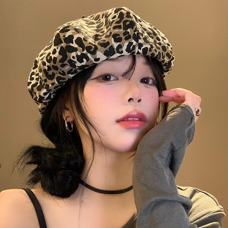 Women Leopard Berets Autumn Winter Vintage Octagonal Cap Retro Elegant Ladies Painter Hat Korean Girl Cloud Berets Duckbill Hats 250514