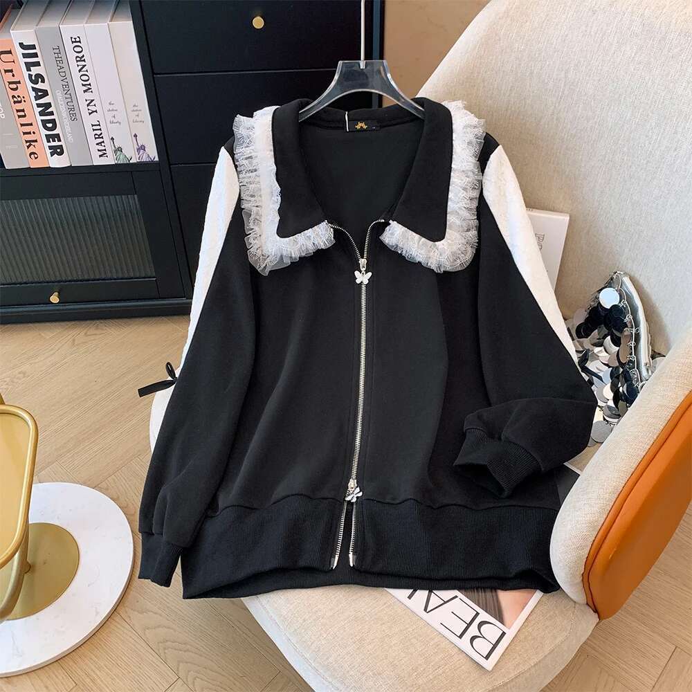 Spring Autumn Plus Size Women's Lapel Lace Edge Black and White Splicing Jacket Casual Loose Commuter Long Sleeve Top
