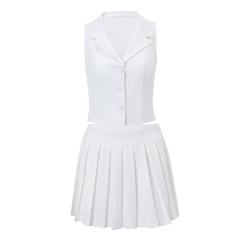 WhereMery Temperament Y2K Solid Slim Women Set Button V-neck Tight Vest With Mini Pleated Skirt Streetwear Spring Two-piece Sets 250513