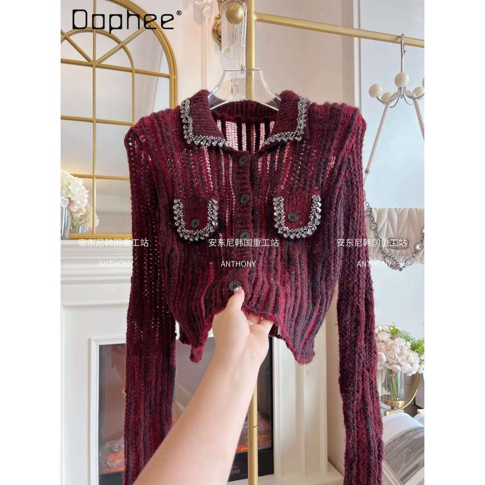 Retro Red Dia Knitted Cardigan Women Autumn Rhinestone Lapel Long Sleeve Hollow Out Short Sweater Temperament