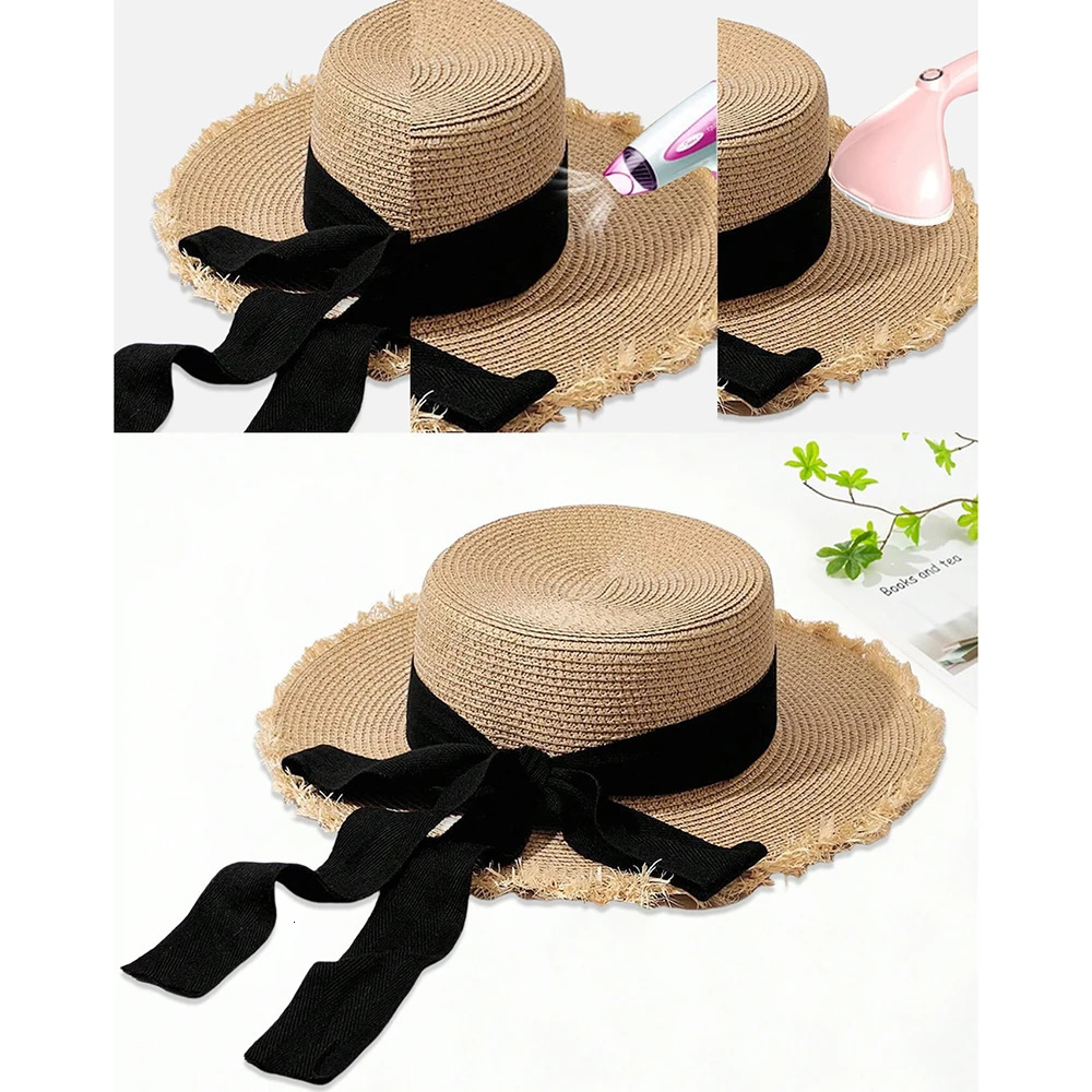 Beach HatJapanese Everything Hairy Edge Straw Hat Female Summer Flat Top Outing Sun Hat Small Fresh Bow Sun Shade Beach Hat 250514