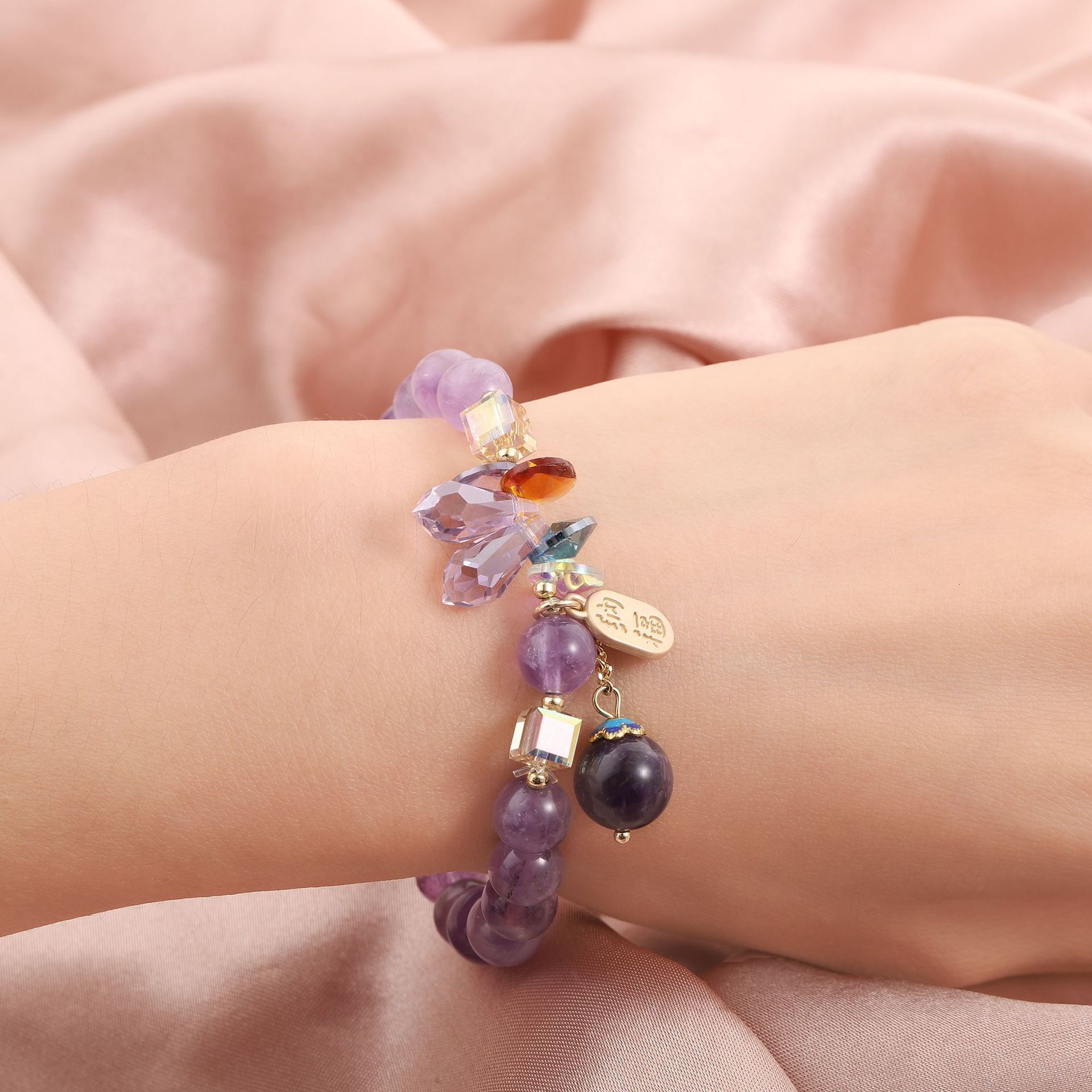 Straight fashion colored amethyst women's bead bracelet temperament Korean style sand gold crystal pendant