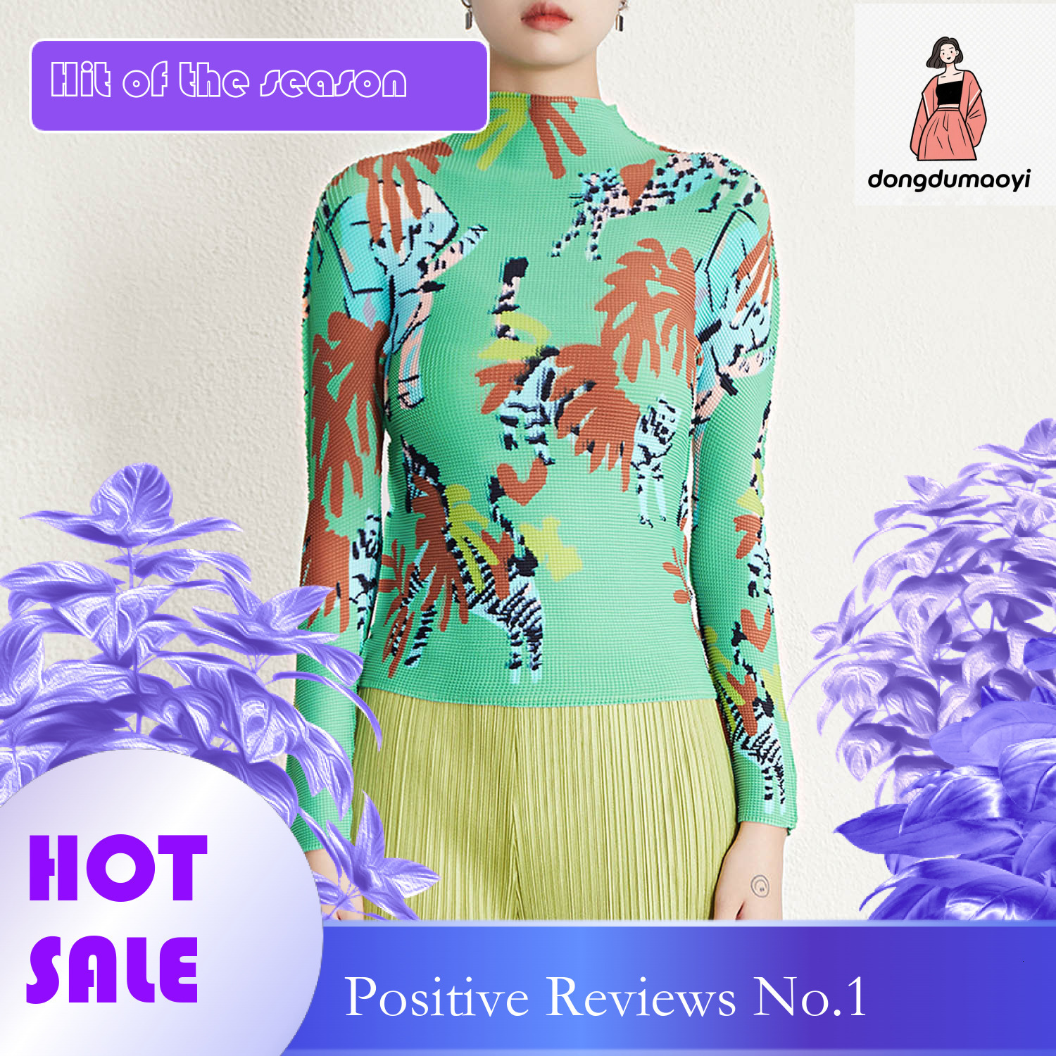 dongdumaoyi Wrinkled semi high neck long sleeved top for spring, new basic graffiti print style, elastic oversized slim fit T-shirt