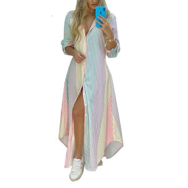 Women Clothes Dress Spring Women S Style Printed Single Breasted Split Shirt Long Dress KQ
