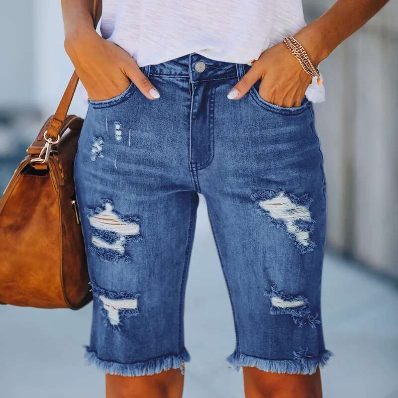 New Cycling Denim Women Fashion Ripped Tassel Tight Five-Point Shorts Washed Sexy Female Summer Thin Short Jeans
