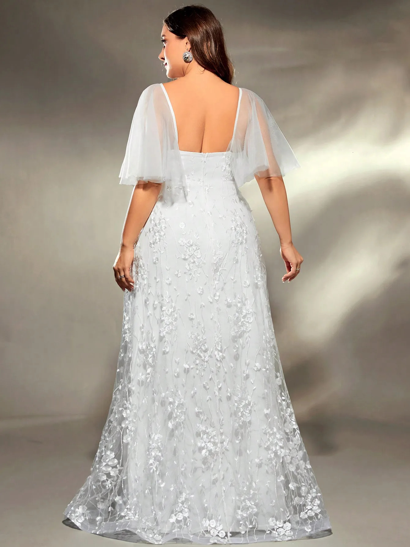 Mgiacy plus size Vneck gauze large trumpet sleeve patchwork embroidered lace A set wedding dress PROM Party 250506