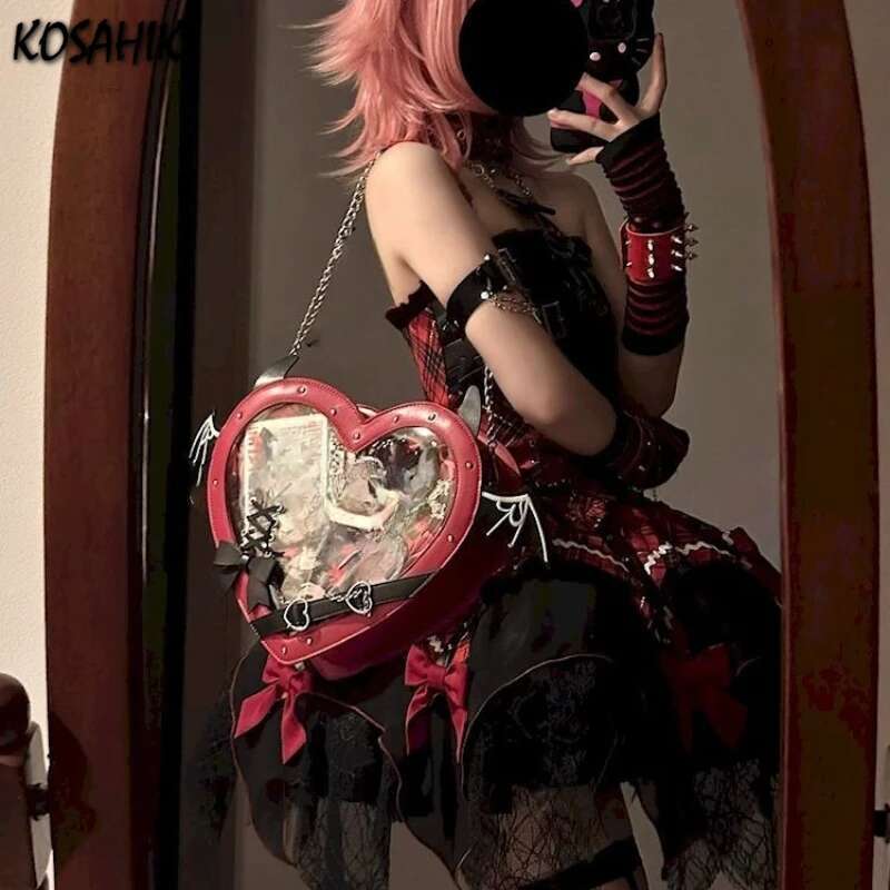 Y2k Aesthetic Punk Belt Gothic Wings Shoulder Handbags Kawaii Heart Bandage Bow Underarm Bag Transparent Fashion Sweet Ita Bags