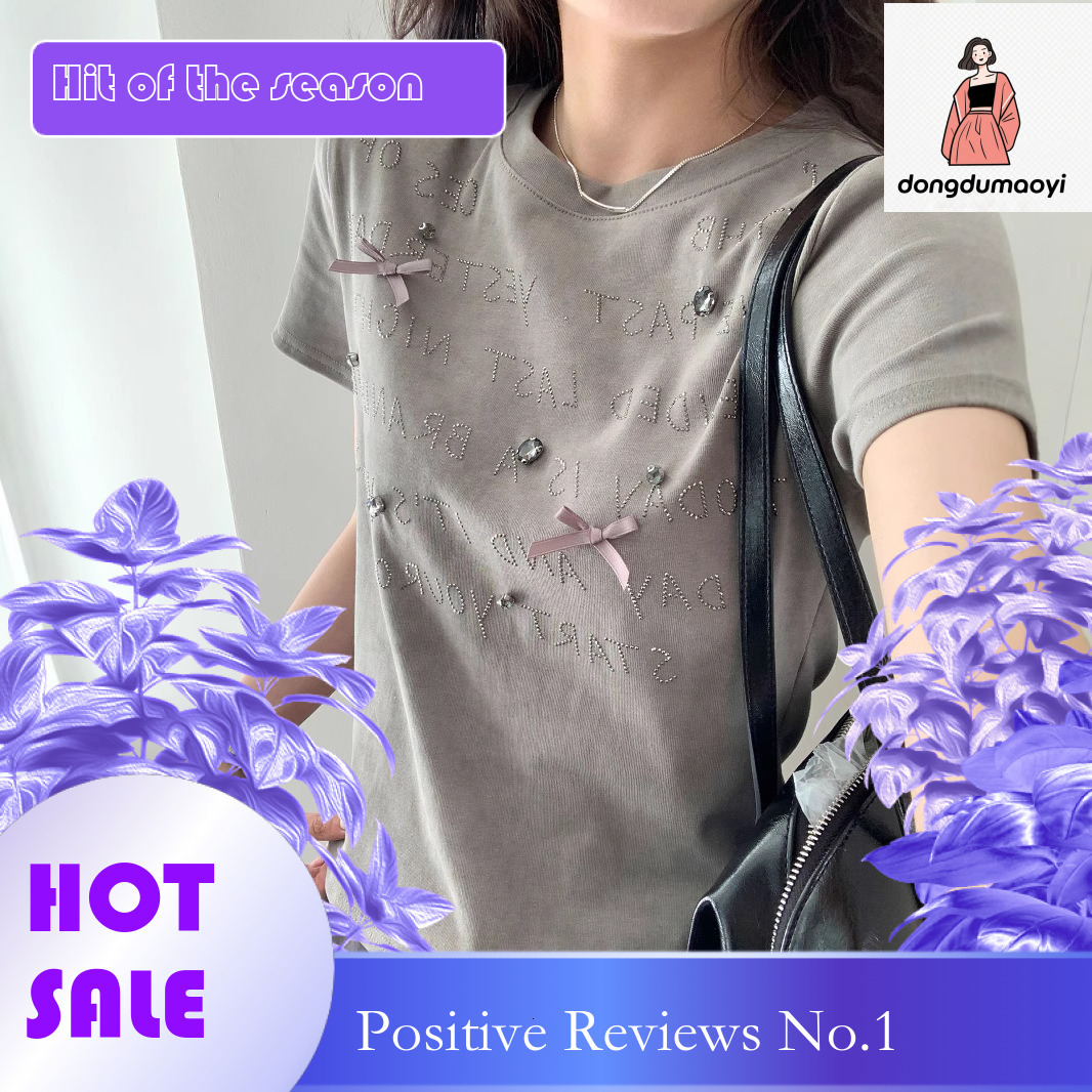 dongdumaoyi Bow heavy industry diamond inlaid gray shoulder short sleeved T-shirt for women's summer style, unique slim fit and slimming round ne