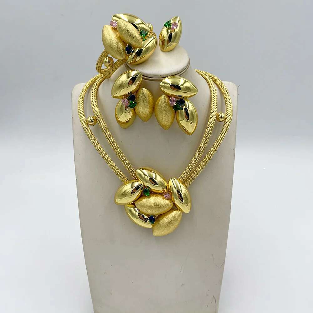 Dubai Set For Bridal Gold Color Big Necklace And Stud Earrings African Elegant Party Bangle Ring Jewelry