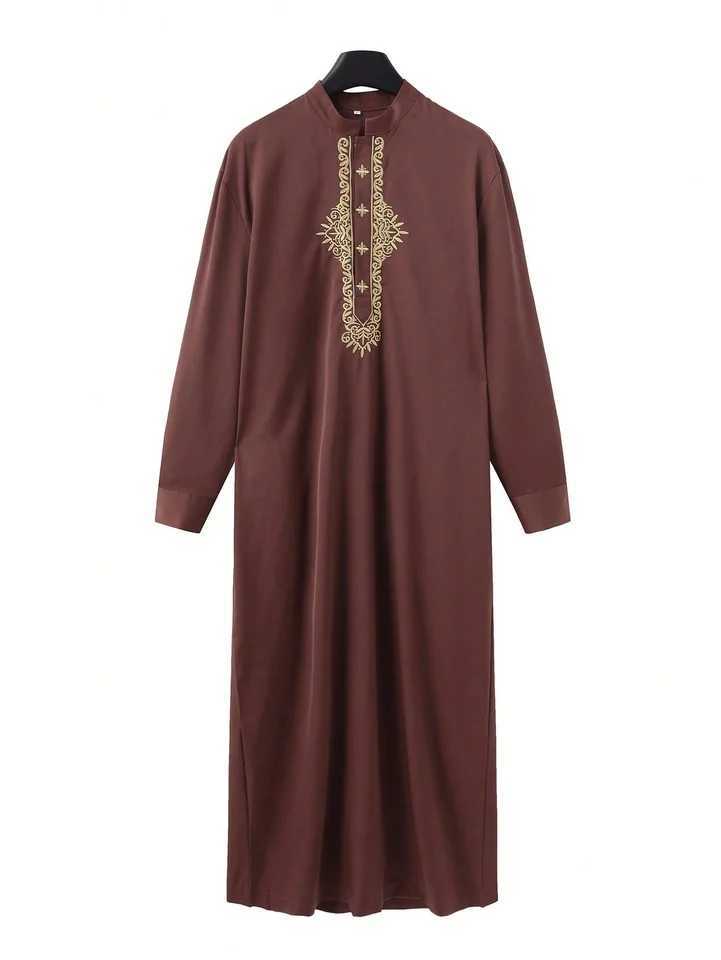 Mens casual ethnic style long sleeve stitching embroidery Islamic Muslim mens long sleeve standing collar Muslim Arab robe X250514