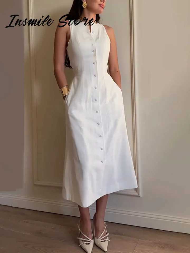 Casual Solid Lace Up Women Dress O-neck Sleeveless Single Breasted Loose Female Long Dresses 2025 Summer New Fashion Lady RobeXJ250514