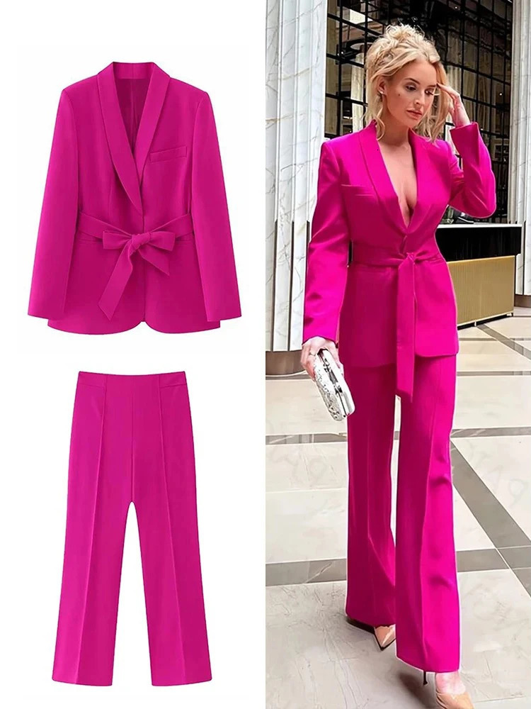 TRAF Womens Casual Long Sleeve Vneck Belt Accessory Set Fashionable and Elegant High Waist Wide Leg Pants 250530